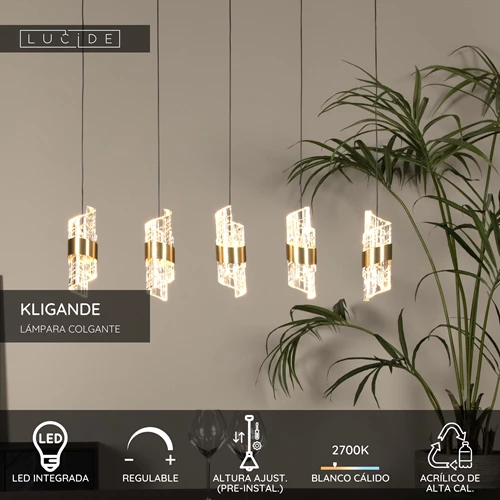 Lucide KLIGANDE - Lámpara colgante - LED Regul. - 5x7,8W 2700K - Oro mate / Latón - USP